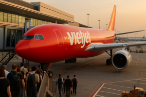 Širokotrupé letadlo Airbus A330 v barvách VietJet u nástupního mostu, cestující nastupují do letadla
