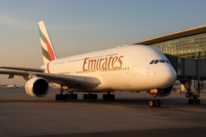 Airbus A380 společnosti Emirates u nástupního mostu na letišti